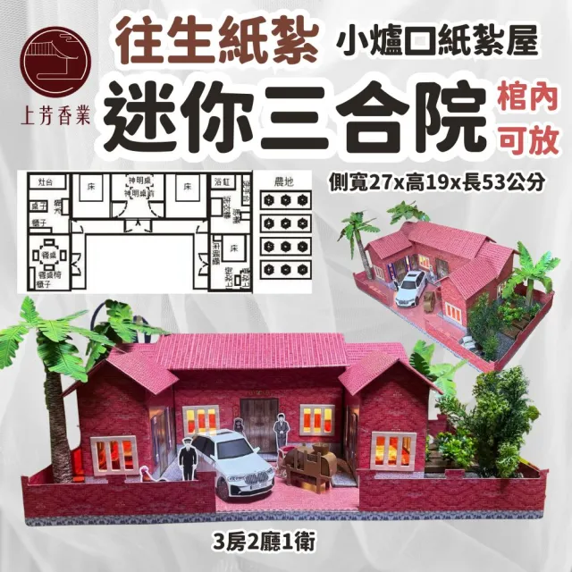 【上芳香業】3房 紙紮三合院+中式花園 靈厝(地契 滿七 百日 對年 往生用品 庫錢 功德)