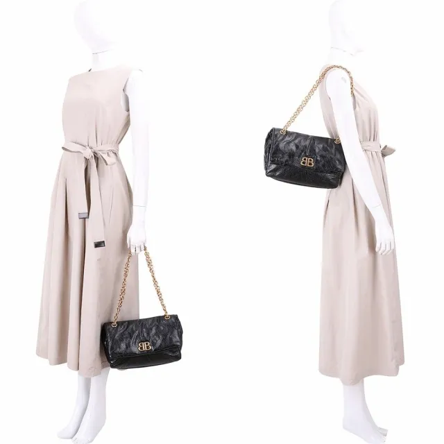 【Balenciaga 巴黎世家】Monaco 小款 揉製小牛皮折疊鍊帶肩背包-黑色(肩背包 鍊帶包 翻蓋包)