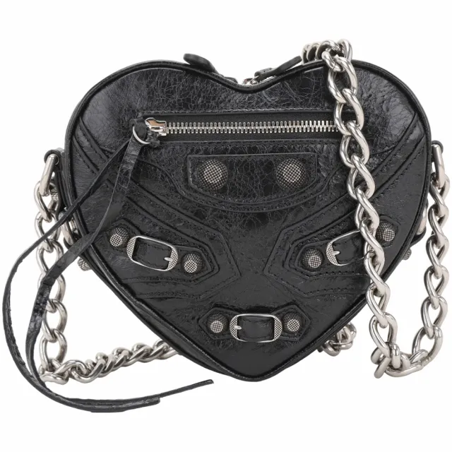 【Balenciaga 巴黎世家】Le Cagole 揉製小羊皮銀鍊斜背愛心包-黑色(愛心包 鍊帶包 斜背包)