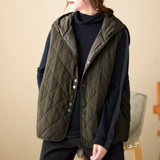 【ACheter】夾棉背心寬鬆大碼棉服連帽外套#126536(白  綠  黑)