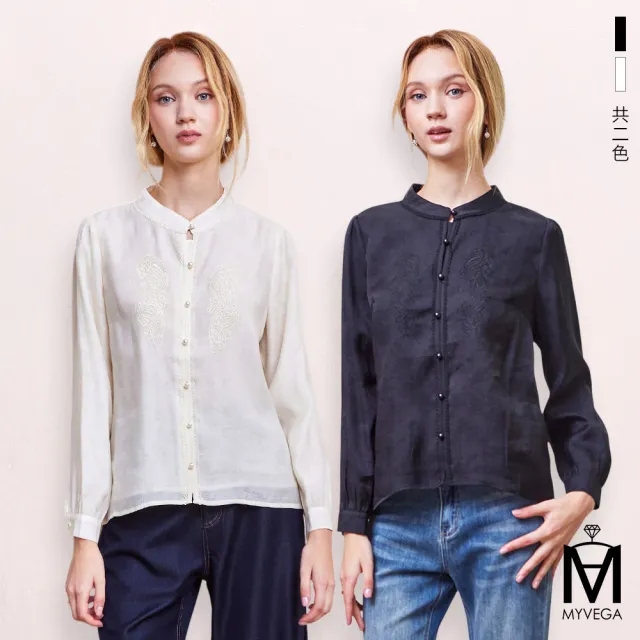 【MYVEGA 麥雪爾】MA圖騰刺繡造型珍珠排釦上衣-共二色(日系/女上衣/雪紡上衣/蕾絲上衣)