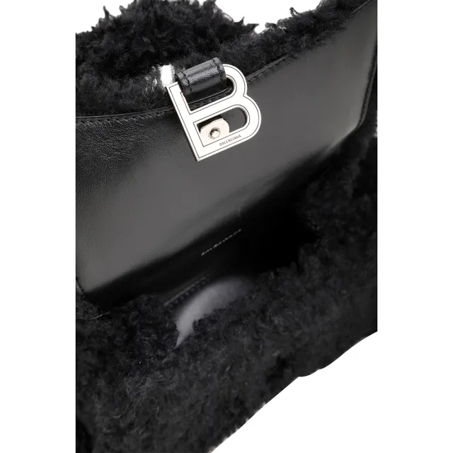 【Balenciaga 巴黎世家】Fluffy Hourglass XS 毛茸手提/斜背沙漏包-黑色(絨毛包 手提包 斜背包)