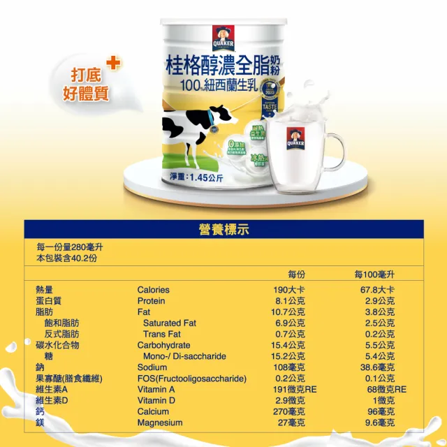 【QUAKER桂格】嚴選醇濃全脂奶粉1450gX1罐