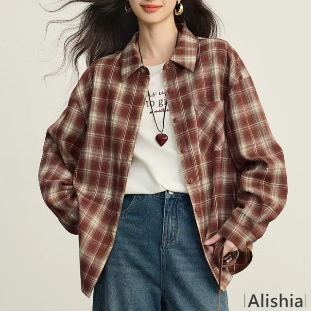 【Alishia】新款百搭格紋襯衫 上衣(棕色)