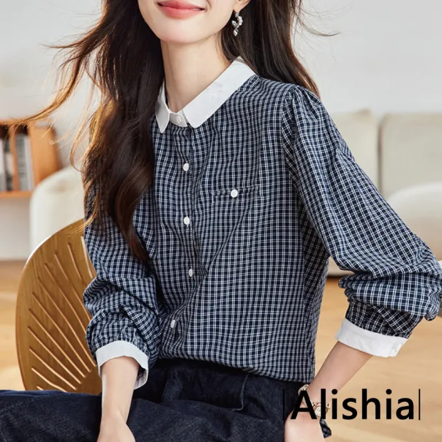 【Alishia】典雅簡約百搭寬鬆舒適格紋襯衫 上衣(藍色格紋)