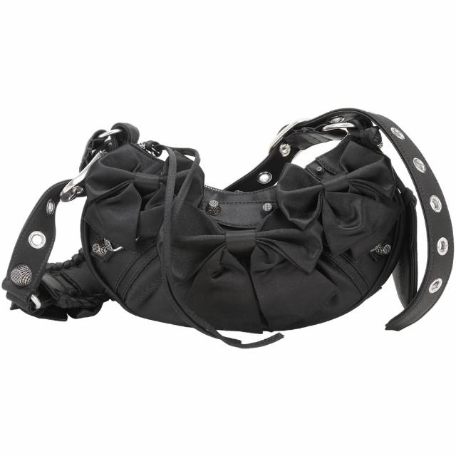 【Balenciaga 巴黎世家】Le Cagole XS 蝴蝶結緞布肩 斜背可頌包-黑色(肩背包 腋下包 可)
