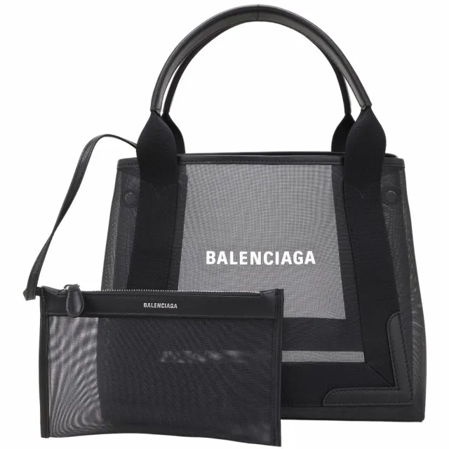 【Balenciaga 巴黎世家】Navy Cabas S 網眼x羊皮 手提 肩背托特包-黑色