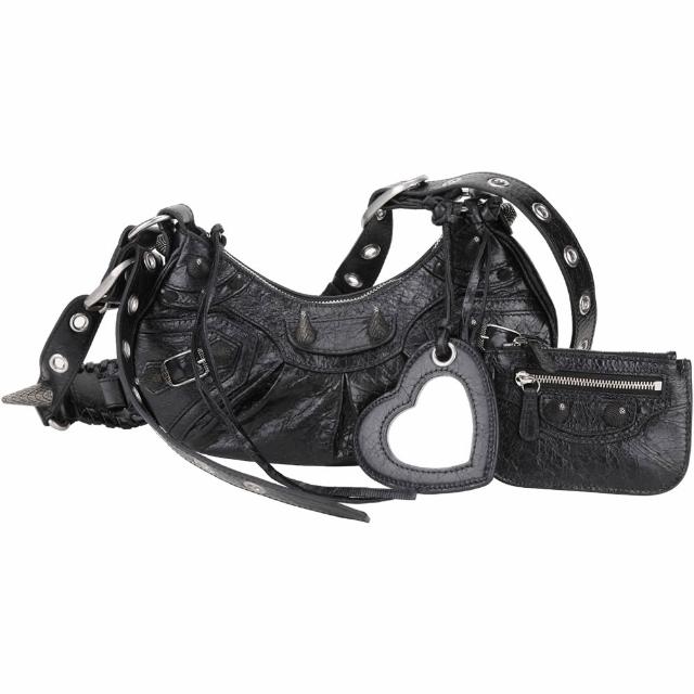 【Balenciaga 巴黎世家】Le Cagole XS 龐克尖釘鞣製小羊皮肩 斜背可頌包-黑色(肩背包 腋下包 可頌包)