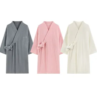 【MUAN】純色菠蘿格浴袍 男女睡袍 加厚保暖浴衣 長袖居家服 吸水速乾浴袍 睡袍