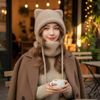 【HaNA 梨花】買一送一加贈圍脖 Le Chat Doux 冬日毛絨感滿分的少女系貓耳毛帽(毛帽 秋冬百搭 貓耳)