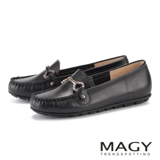 【MAGY】金屬馬銜釦柔軟牛皮平底樂福鞋(黑色)