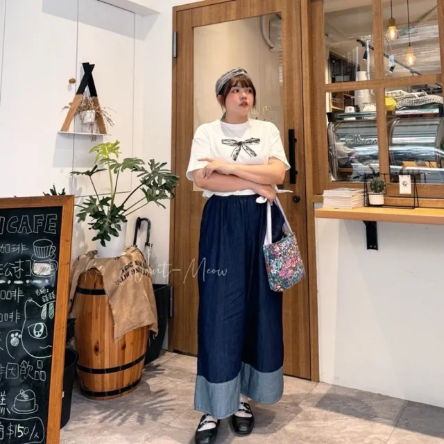【Want-Meow】90公斤可穿/日系百搭文青下拼接直筒牛仔寬褲(大碼/大尺碼/加大碼/牛仔寬褲/下著)