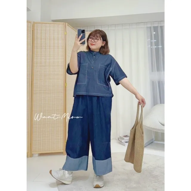 【Want-Meow】90公斤可穿/日系百搭文青下拼接直筒牛仔寬褲(大碼/大尺碼/加大碼/牛仔寬褲/下著)