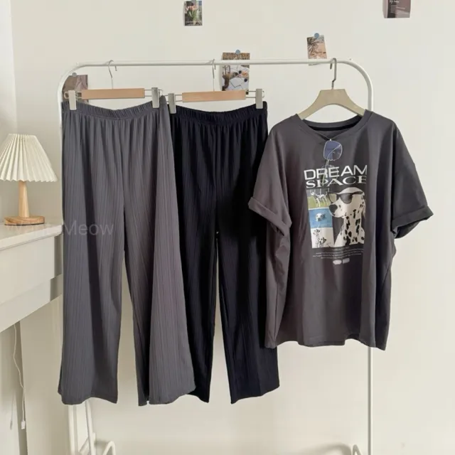 【Want-Meow】90公斤可穿/寬鬆顯瘦不同褲長有口袋中大碼壓褶寬褲坑條(大碼/大尺碼/加大碼/鬆緊寬褲/下著)