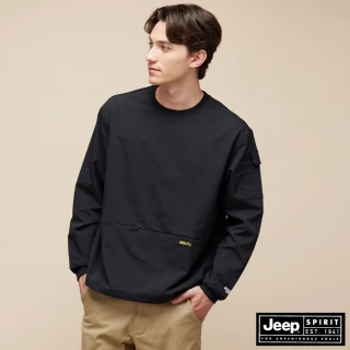 【JEEP】男裝 簡約防潑水彈性長袖T恤(黑色)