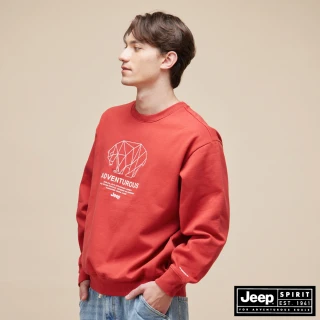 【JEEP】男裝 幾何北極熊刺繡長袖T恤(紅色)