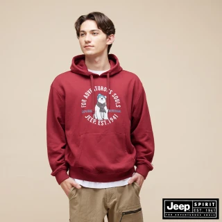 【JEEP】男裝 手繪北極熊印花長袖連帽T恤(紅色)