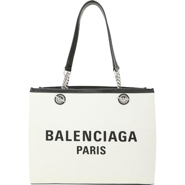 【Balenciaga 巴黎世家】Duty Free 中型 字母印花帆布肩背托特包-米白色(托特包 手提包 兩用包)