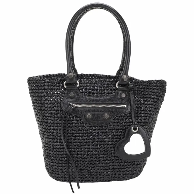 【Balenciaga 巴黎世家】Le Cagole Panier 中型 尼龍編織拼小羊皮水桶包-黑色(托特包 草編包 手提包)