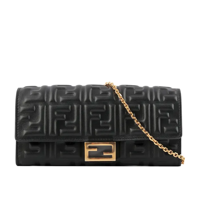 【FENDI 芬迪】FF Logo壓紋小羊皮鍊帶WOC(黑色)