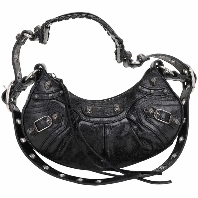 【Balenciaga 巴黎世家】Le Cagole XS 新版 鞣製小羊皮肩 斜背可頌包-黑色(肩背包 腋下包 可頌包)