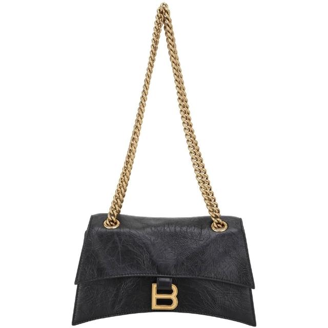 【Balenciaga 巴黎世家】Crush 小款 壓花小牛皮鍊帶肩斜背包-黑色(肩背包 鍊帶包 翻蓋包)