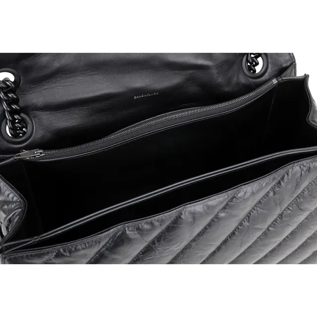 【Balenciaga 巴黎世家】Crush 大款 鞣製小牛皮絎縫鍊帶肩斜背包-全黑(肩背包 鍊帶包 翻蓋包)