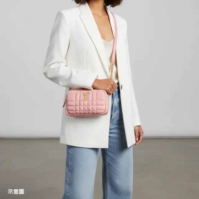 【BURBERRY 巴寶莉】BURBERRY LOLA 金屬TB字LOGO縫線小羊皮拉鍊斜背相機包(迷你/粉紅)