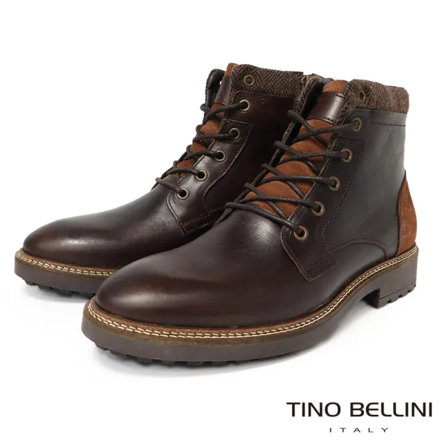 【TINO BELLINI 貝里尼】深咖啡真皮拚接綁帶紳士馬汀短靴 (男靴 男鞋 HM5T022-6)