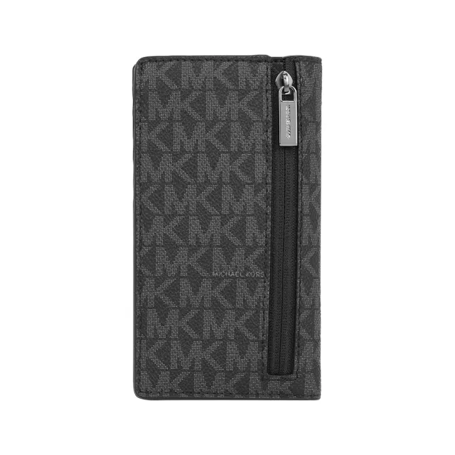 【Michael Kors】銀字滿版Logo 釦式二折大款卡片夾/卡包(黑色)