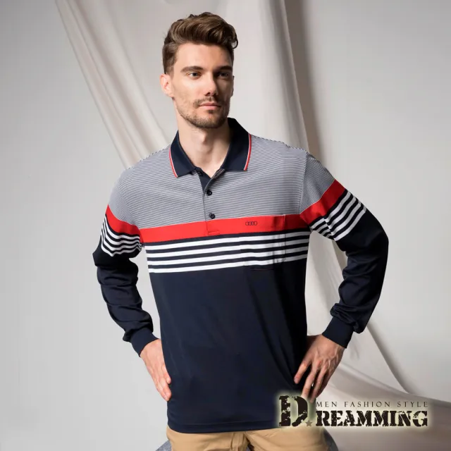 【Dreamming】MIT粗細橫紋拼接吸濕排汗長POLO衫 透氣 機能(丈青)