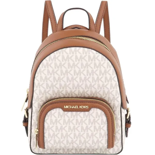 【Michael Kors】JAYCEE焦糖咖啡x香草白PVC前口袋小款手提斜背三用後背包