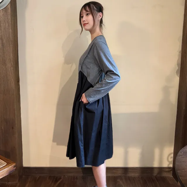 【Hana Mokuba】花木馬日系女裝不對稱面料拼接圓領長袖洋裝(洋裝)