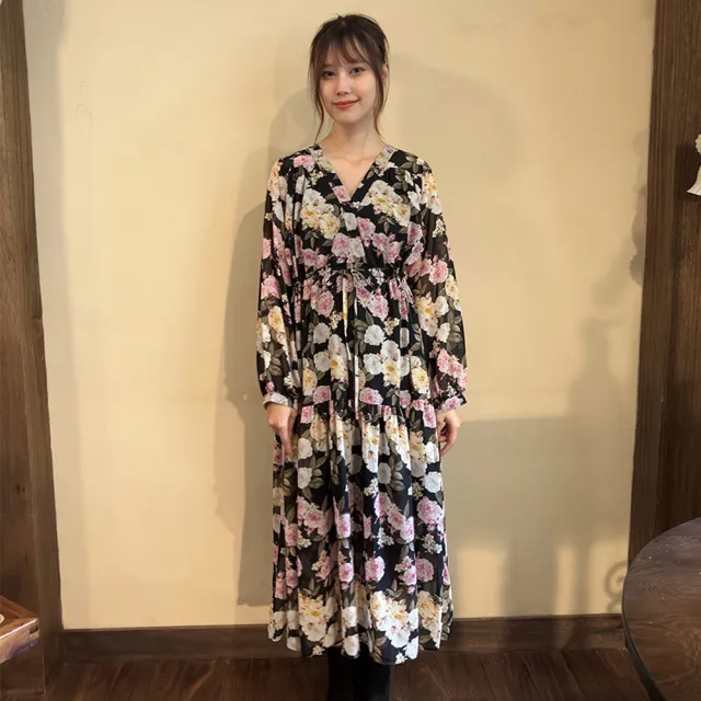 【Hana Mokuba】花木馬日系女裝滿版印花長袖綁帶收腰洋裝(洋裝)