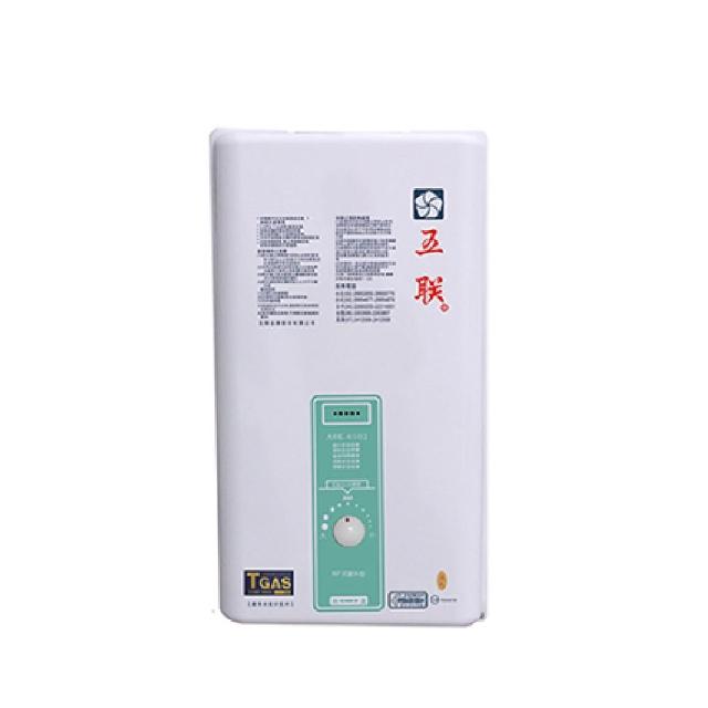 五聯 ASE-6102 是一款適用於屋外的LPG RF式熱水器，容量10L，具備銅製水盤與鋁製考克，具防雨、省能源、防空燒等特色。數位恆溫設計，電子式連續火，升溫25度熱水流量10L/min，升溫40度熱水流量6.25L/min。熱效率高，能源效率等級為第二級，尺寸為L685 x W380 x H210mm，淨重14kg，適合傳統熱水器安裝需求。 