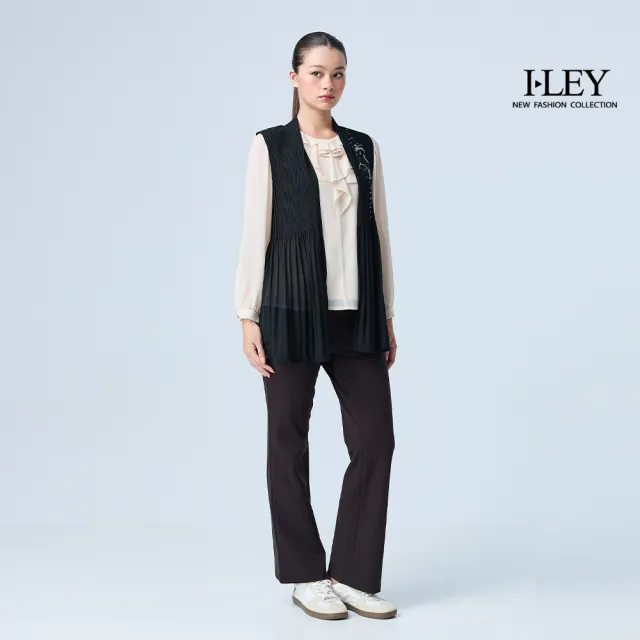 【ILEY 伊蕾】壓褶造型雪紡長版罩衫背心(黑；M-L；1253013009)
