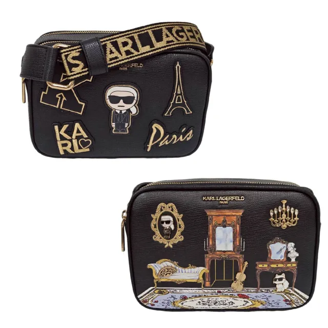 【KARL LAGERFELD 卡爾】卡爾新版造型設計撞色粗背帶雙層相機包 兩款可選