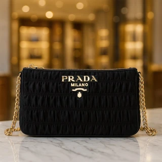 【PRADA 普拉達】質感尼龍款鍊條肩背包/斜背包(黑)