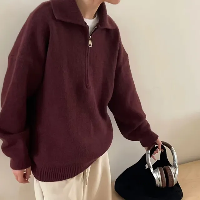 【D.studio】韓版復古寬鬆翻領針織上衣(毛衣長袖上衣衣服保暖上衣冬天女裝秋冬女裝發熱衣長袖t恤W636)