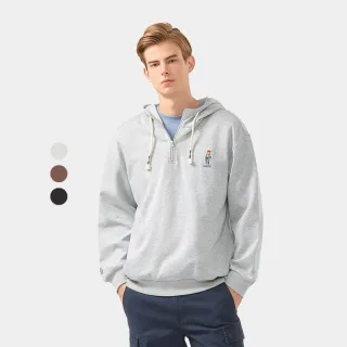 【Hang Ten】男裝-加州熊繡花彩色綁繩寬鬆半拉鏈連帽T(多色選)