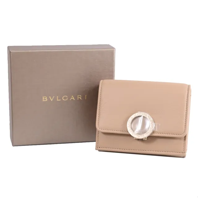 【BVLGARI 寶格麗】金屬釦LOGO牛皮雙面三折小零錢短夾(沙色)