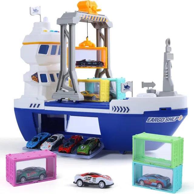 【CuteStone】二合一大型貨櫃運輸船玩具套裝（附多款合金小汽車+起重吊車+擬真聲光收納功能/生日禮物）