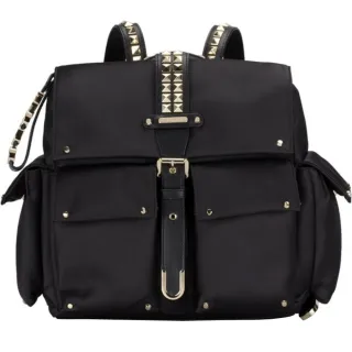 【Michael Kors】Olivia專櫃款黑色尼龍+金色鉚釘中型雙肩後背包