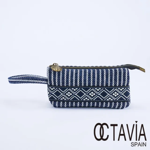 【OCTAVIA 8】雙11 OCTAVIA 8 - 民族風條紋三層手提萬用小布包 - 祝福藍(萬用包 手拿包 化妝包