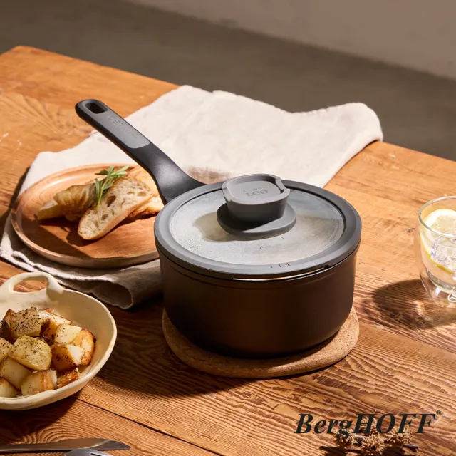 【BergHOFF 貝高福】Stone+陶瓷塗層不沾鍋單柄含蓋壓鑄湯鍋18cm(BHST-S18-BK)