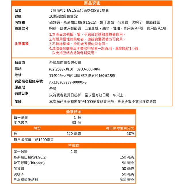【赫而司】升級版三代茶多酚膠囊2罐(共60顆;綠茶素兒茶素EGCG+甲殼素+決明子+荷葉粉+鈣五合一纖美精華)