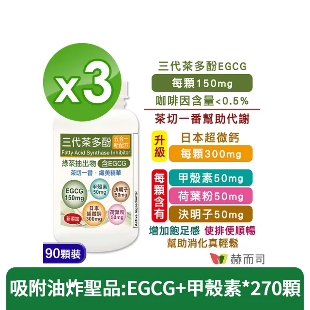 【赫而司】升級版三代茶多酚膠囊3罐(共270顆;綠茶素兒茶素EGCG+甲殼素+決明子+荷葉粉+鈣五合一纖美精華)