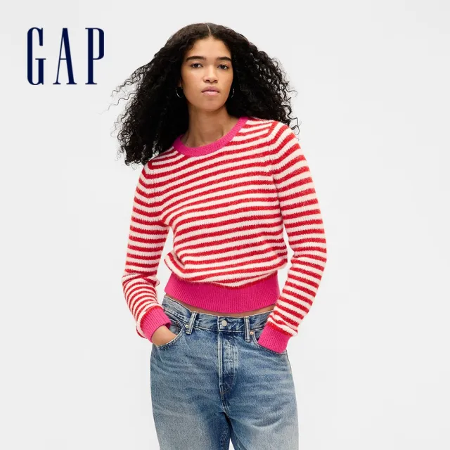 【GAP】女裝 圓領長袖針織衫 CashSoft系列-紅白條紋(820718)