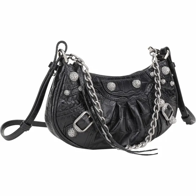 【Balenciaga 巴黎世家】Le Cagole 鑽飾鉚釘鱷魚紋壓花小牛皮迷你可頌包-黑色(斜背包 鏈帶包 可頌包)