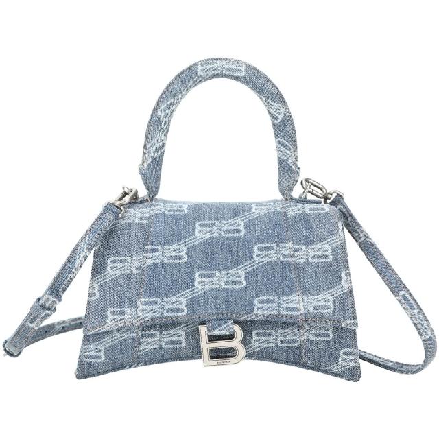 【Balenciaga 巴黎世家】Hourglass 小型 花押字丹寧帆布手提斜背沙漏包-藍色(手提包 斜背包 兩用包)